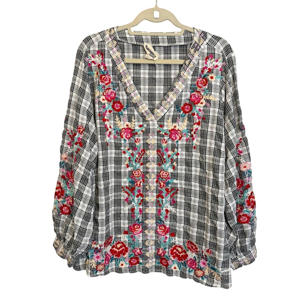 Savanna Jane Blouse 2X Black White Floral Embroidered Plaid Boho Cottagecore